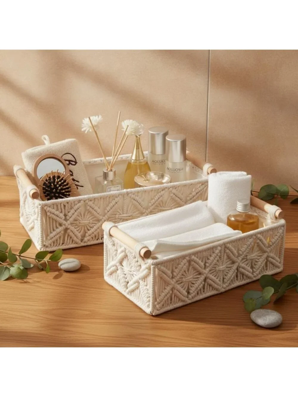 Boho Chic Storage Basket for Toilet Paper & Home Organization - White Decor